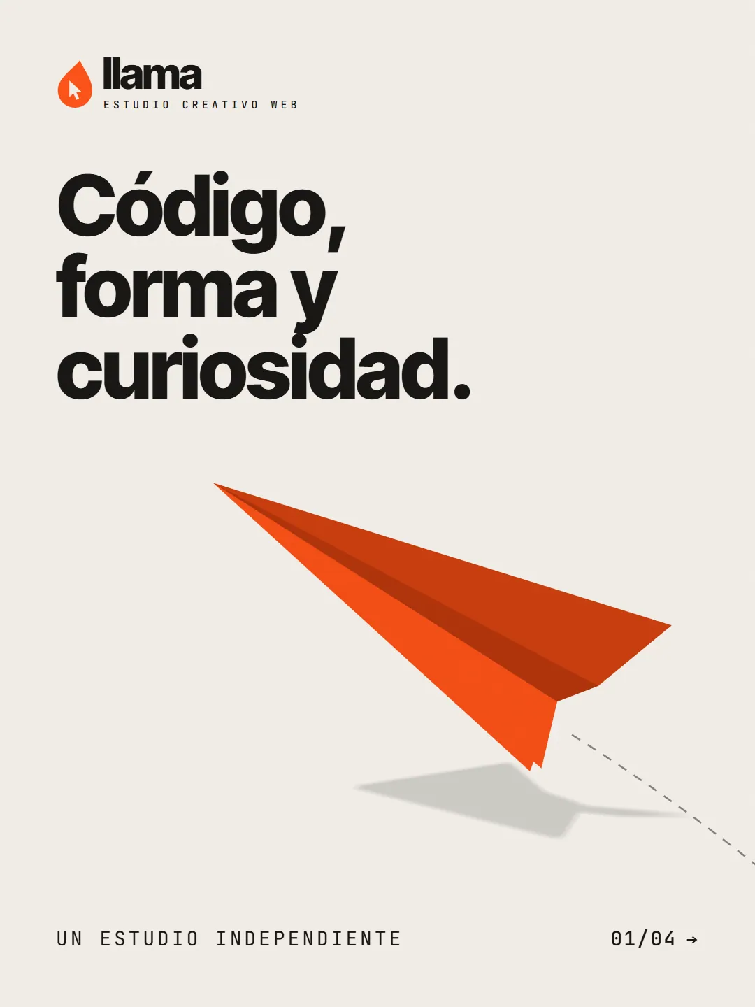 Slide crema con el título "Código, forma y curiosidad." y un avión de papel naranja que deja una estela punteada.